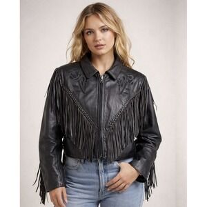 Vintage 90s Black Leather Fringe Jacket Rose Embroidered Western Moto Crop Coat